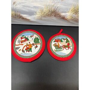 Vintage B&D Christmas Pot Holder Set Red Quilted Round Winter Sleigh Farm Scene